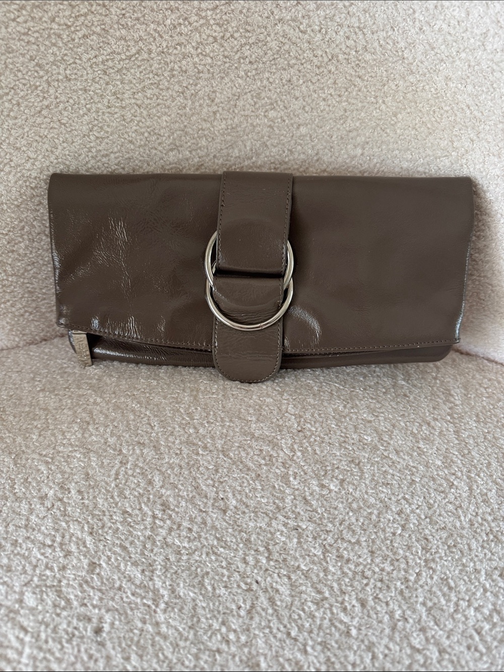 HOBO Brown Leather Fold-Over Clutch with Silver Ring Accent